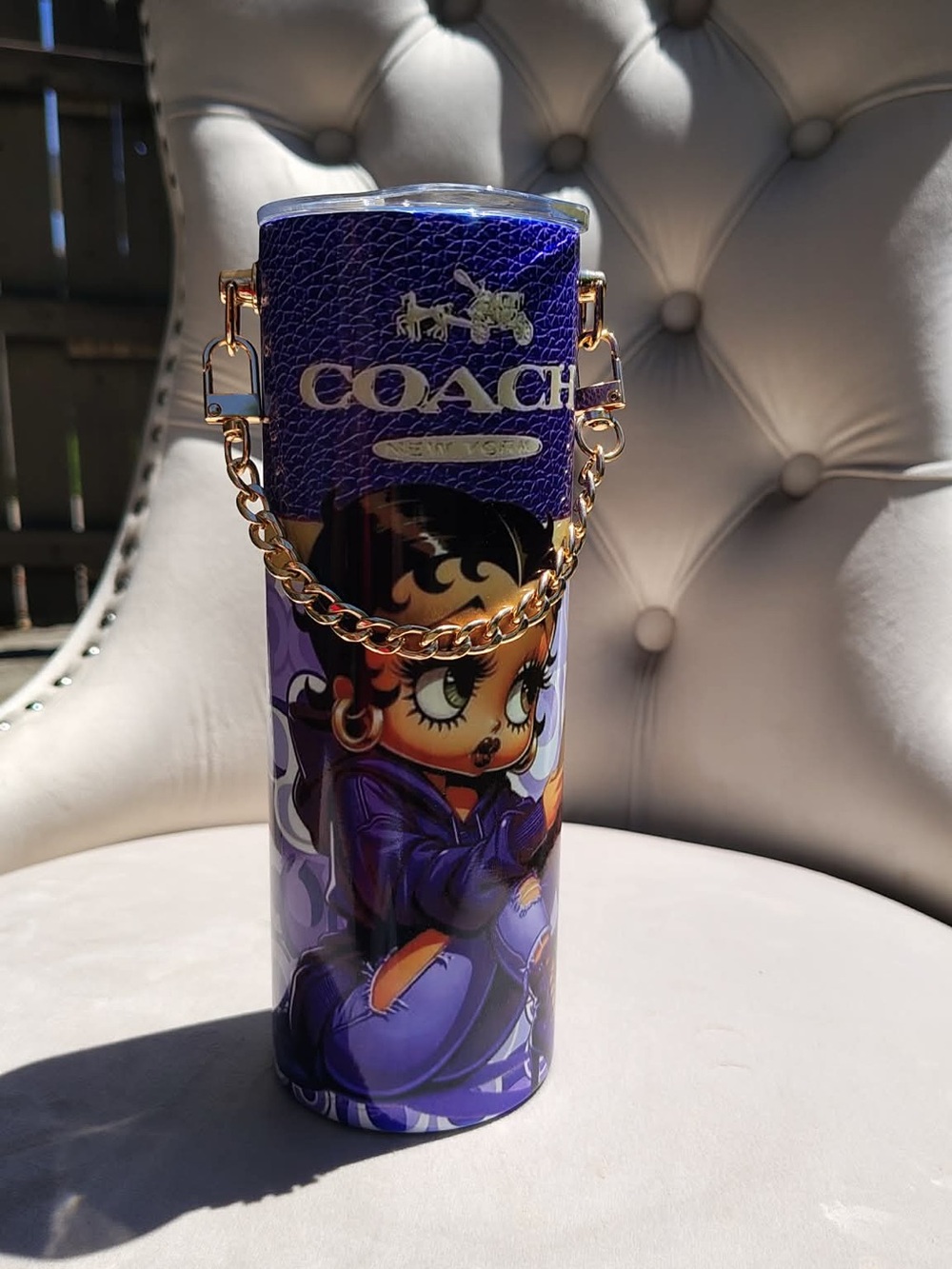 Coach Purple Betty Boop Travel Tumbler with Gold Chain Tumbler